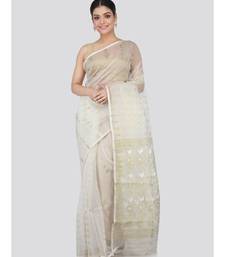 White Silk Blend Hand Woven Saree Without Blouse