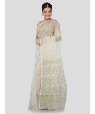 White Silk Blend Hand Woven Saree Without Blouse 2
