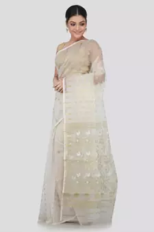 White Silk Blend Hand Woven Saree Without Blouse