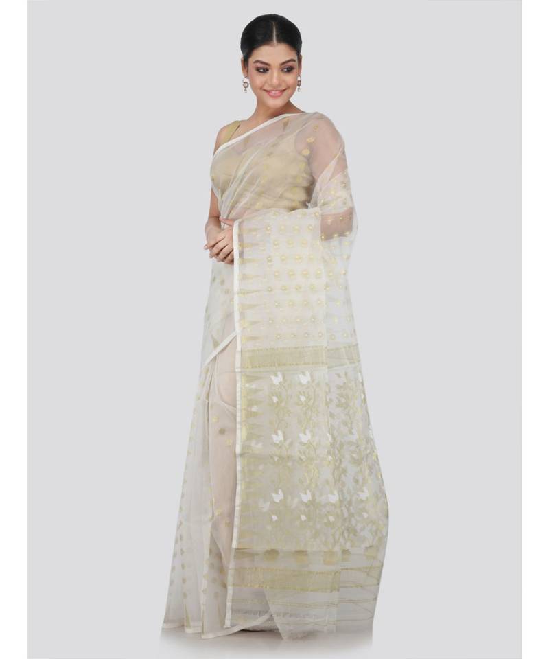 White Silk Blend Hand Woven Saree Without Blouse