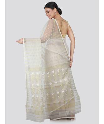 White Silk Blend Hand Woven Saree Without Blouse 3
