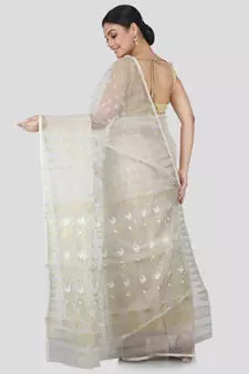 White Silk Blend Hand Woven Saree Without Blouse