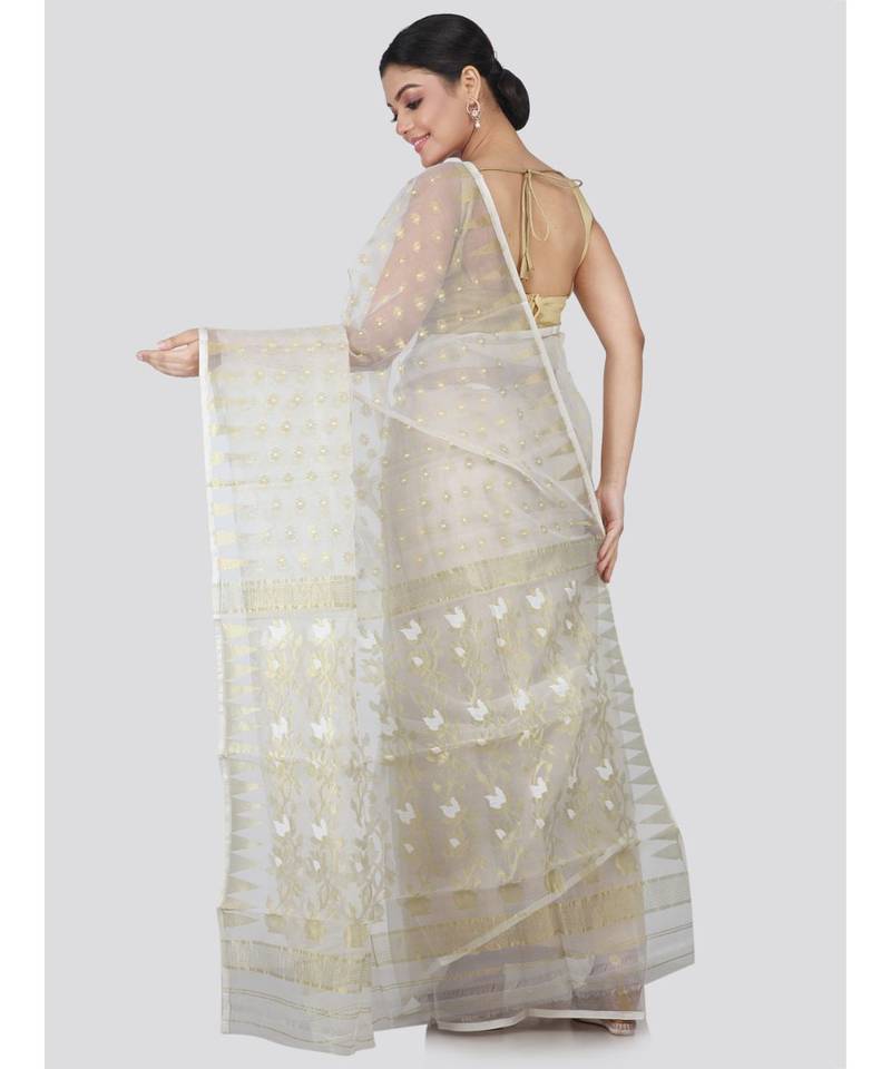 White Silk Blend Hand Woven Saree Without Blouse