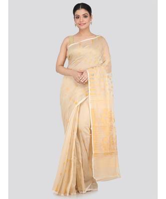 Beige Pure Cotton Hand Woven Saree Without Blouse 1