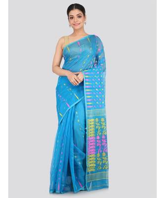 Blue Pure Cotton Hand Woven Saree Without Blouse 1