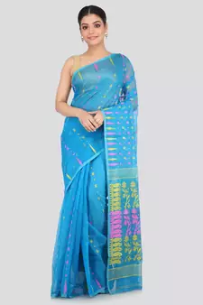 Blue Pure Cotton Hand Woven Saree Without Blouse