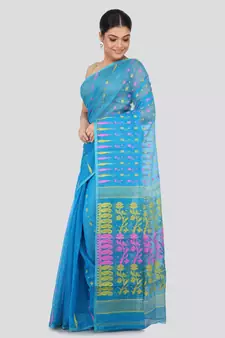 Blue Pure Cotton Hand Woven Saree Without Blouse