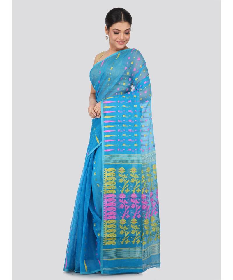 Blue Pure Cotton Hand Woven Saree Without Blouse