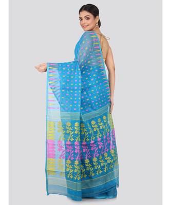 Blue Pure Cotton Hand Woven Saree Without Blouse 3