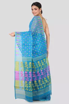 Blue Pure Cotton Hand Woven Saree Without Blouse