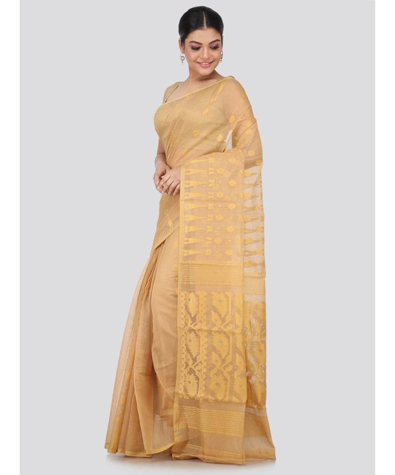 Beige Pure Cotton Hand Woven Saree Without Blouse