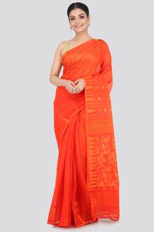 Orange Pure Cotton Hand Woven Saree Without Blouse
