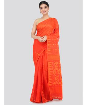 Orange Pure Cotton Hand Woven Saree Without Blouse 1