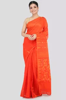Orange Pure Cotton Hand Woven Saree Without Blouse