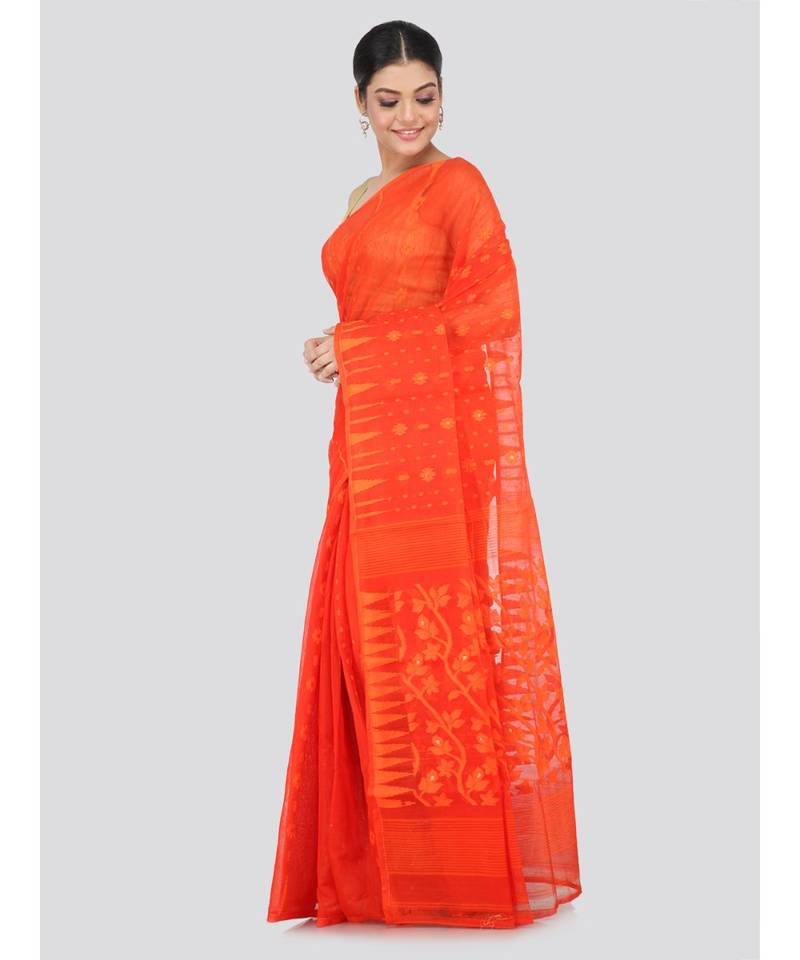 Orange Pure Cotton Hand Woven Saree Without Blouse