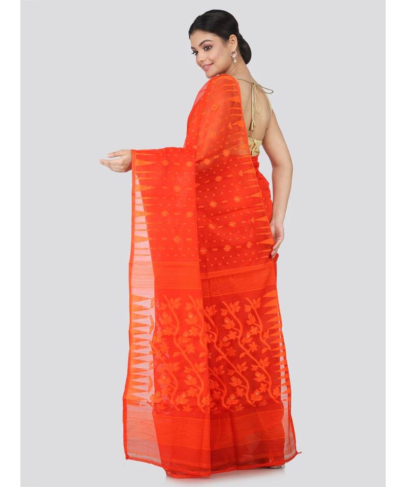 Orange Pure Cotton Hand Woven Saree Without Blouse