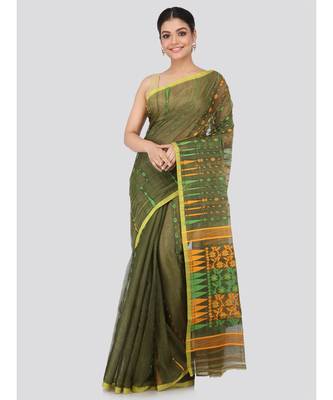 Green Pure Cotton Hand Woven Saree Without Blouse 1