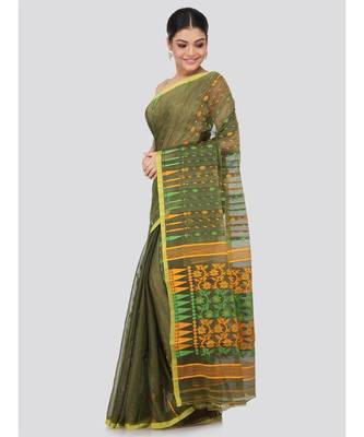 Green Pure Cotton Hand Woven Saree Without Blouse 2