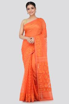 Orange Pure Cotton Hand Woven Saree Without Blouse