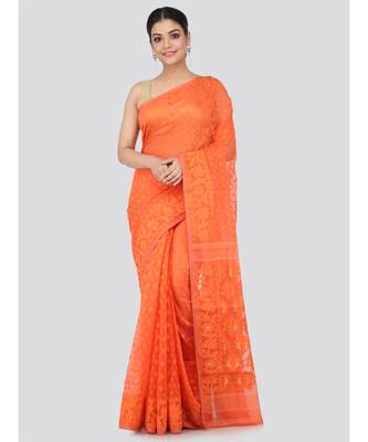 Orange Pure Cotton Hand Woven Saree Without Blouse 1