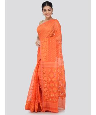 Orange Pure Cotton Hand Woven Saree Without Blouse 2