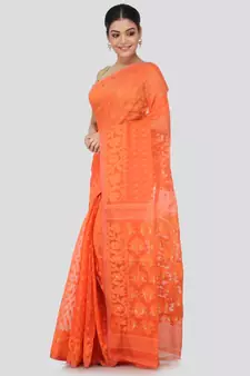 Orange Pure Cotton Hand Woven Saree Without Blouse