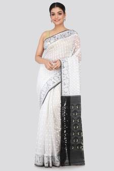 White Pure Cotton Hand Woven Saree Without Blouse