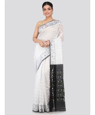 White Pure Cotton Hand Woven Saree Without Blouse 1