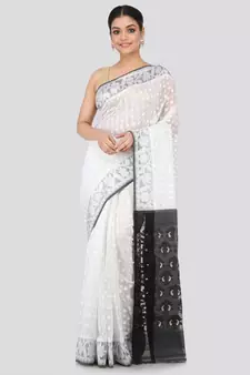 White Pure Cotton Hand Woven Saree Without Blouse