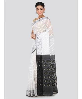 White Pure Cotton Hand Woven Saree Without Blouse 2