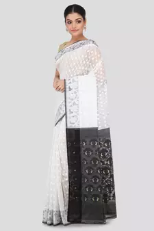White Pure Cotton Hand Woven Saree Without Blouse