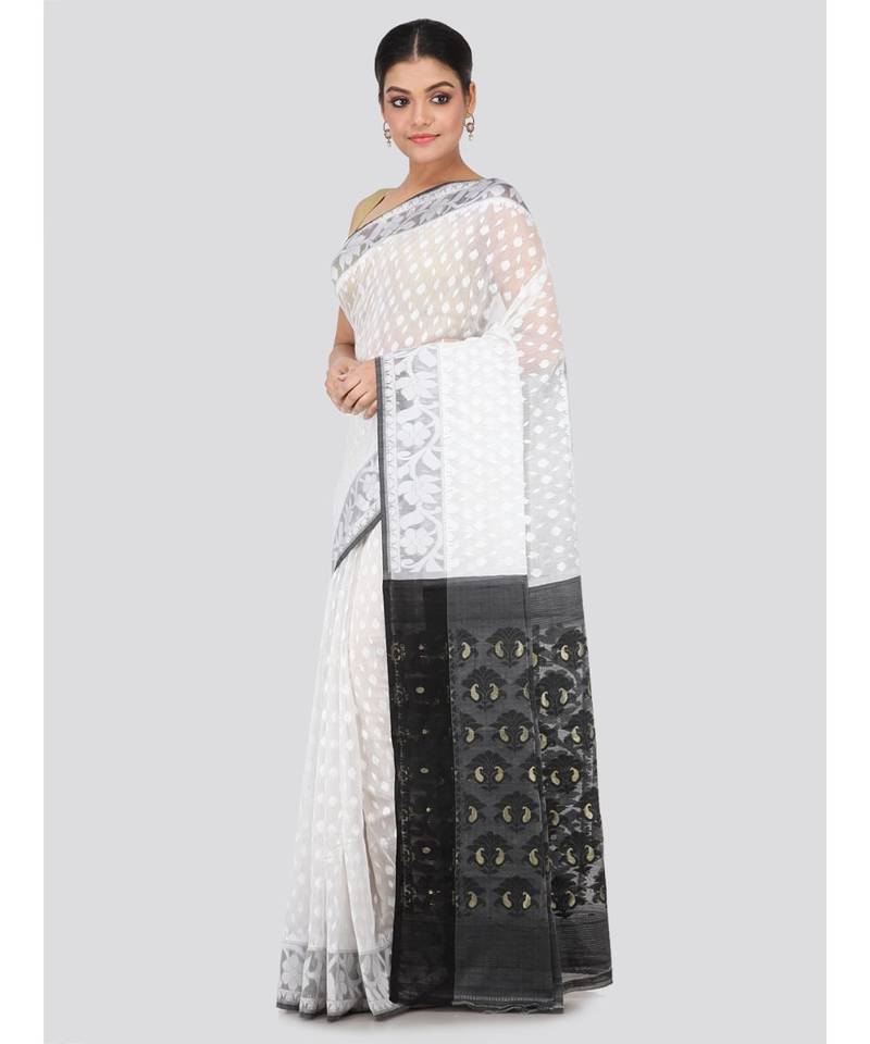 White Pure Cotton Hand Woven Saree Without Blouse