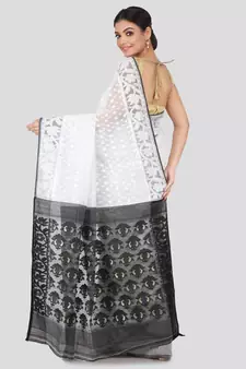 White Pure Cotton Hand Woven Saree Without Blouse