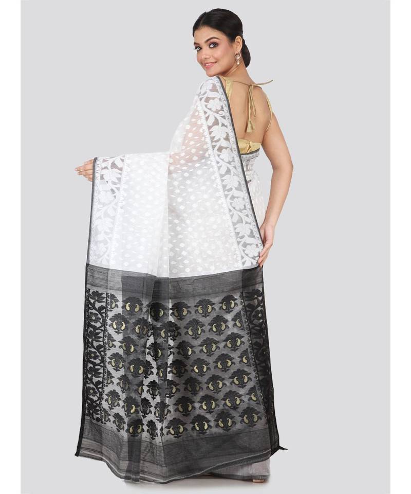 White Pure Cotton Hand Woven Saree Without Blouse