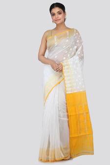 White Pure Cotton Hand Woven Saree Without Blouse