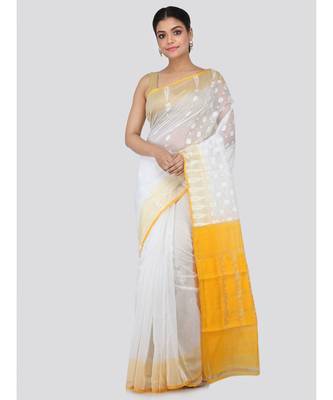 White Pure Cotton Hand Woven Saree Without Blouse 1