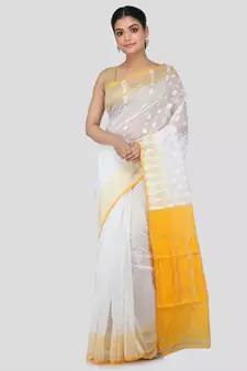White Pure Cotton Hand Woven Saree Without Blouse