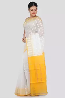 White Pure Cotton Hand Woven Saree Without Blouse