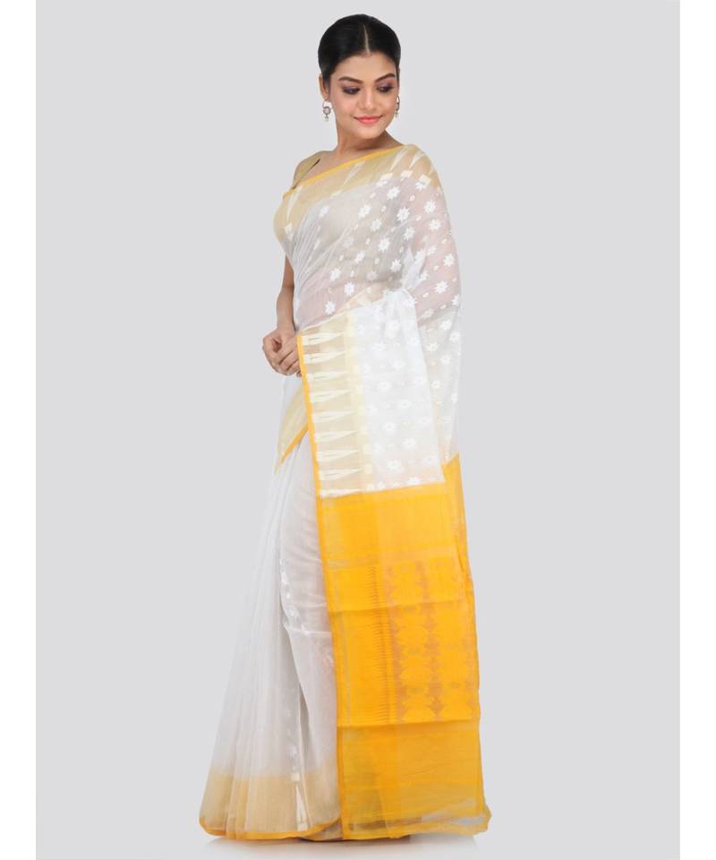 White Pure Cotton Hand Woven Saree Without Blouse