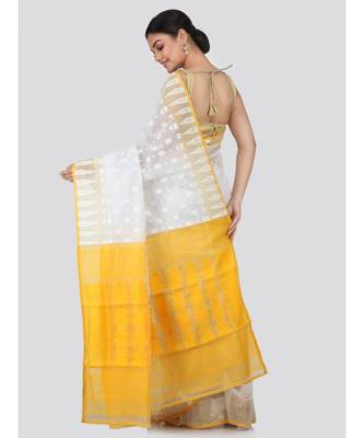 White Pure Cotton Hand Woven Saree Without Blouse 3