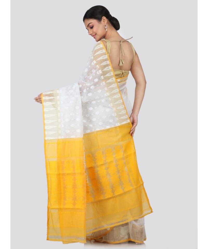 White Pure Cotton Hand Woven Saree Without Blouse