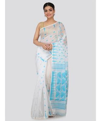 White Pure Cotton Hand Woven Saree Without Blouse 1