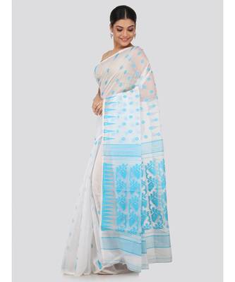 White Pure Cotton Hand Woven Saree Without Blouse 2