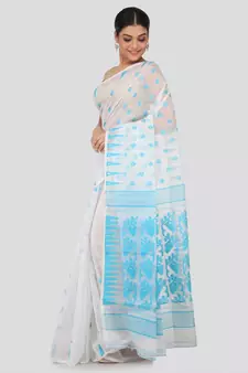 White Pure Cotton Hand Woven Saree Without Blouse