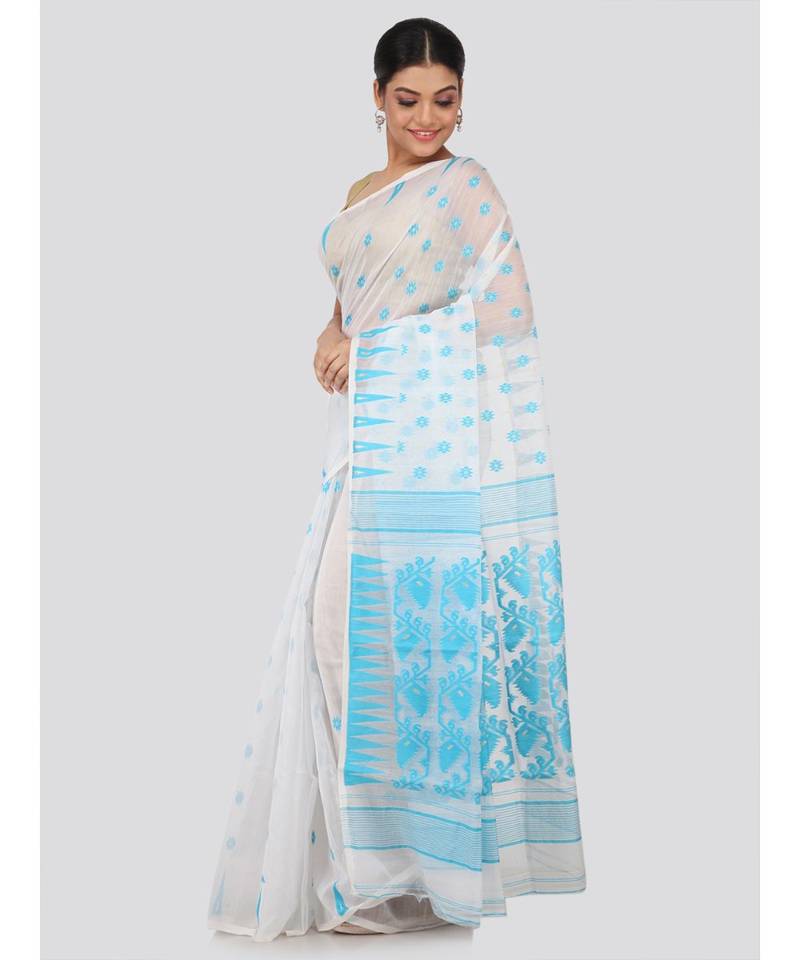 White Pure Cotton Hand Woven Saree Without Blouse