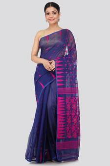 Blue Pure Cotton Hand Woven Saree Without Blouse