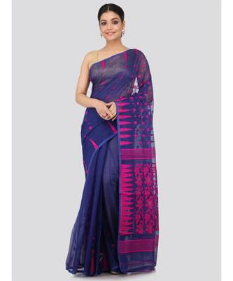 Blue Pure Cotton Hand Woven Saree Without Blouse 1
