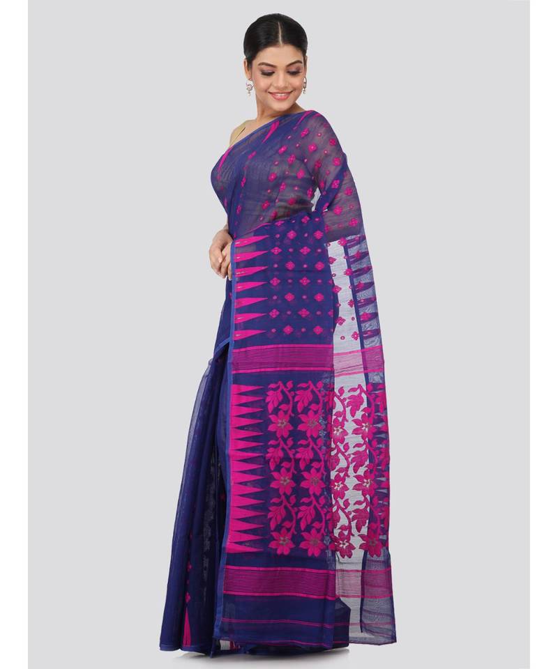 Blue Pure Cotton Hand Woven Saree Without Blouse