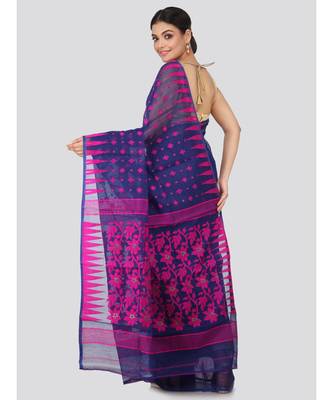 Blue Pure Cotton Hand Woven Saree Without Blouse 3