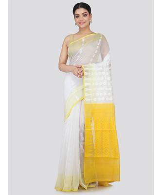 White Pure Cotton Hand Woven Saree Without Blouse 1